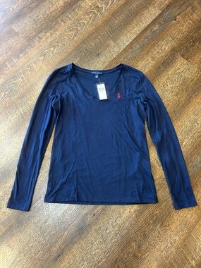 Ralph Lauren Navy Long Sleeve V-Neck Tee with Red Pony